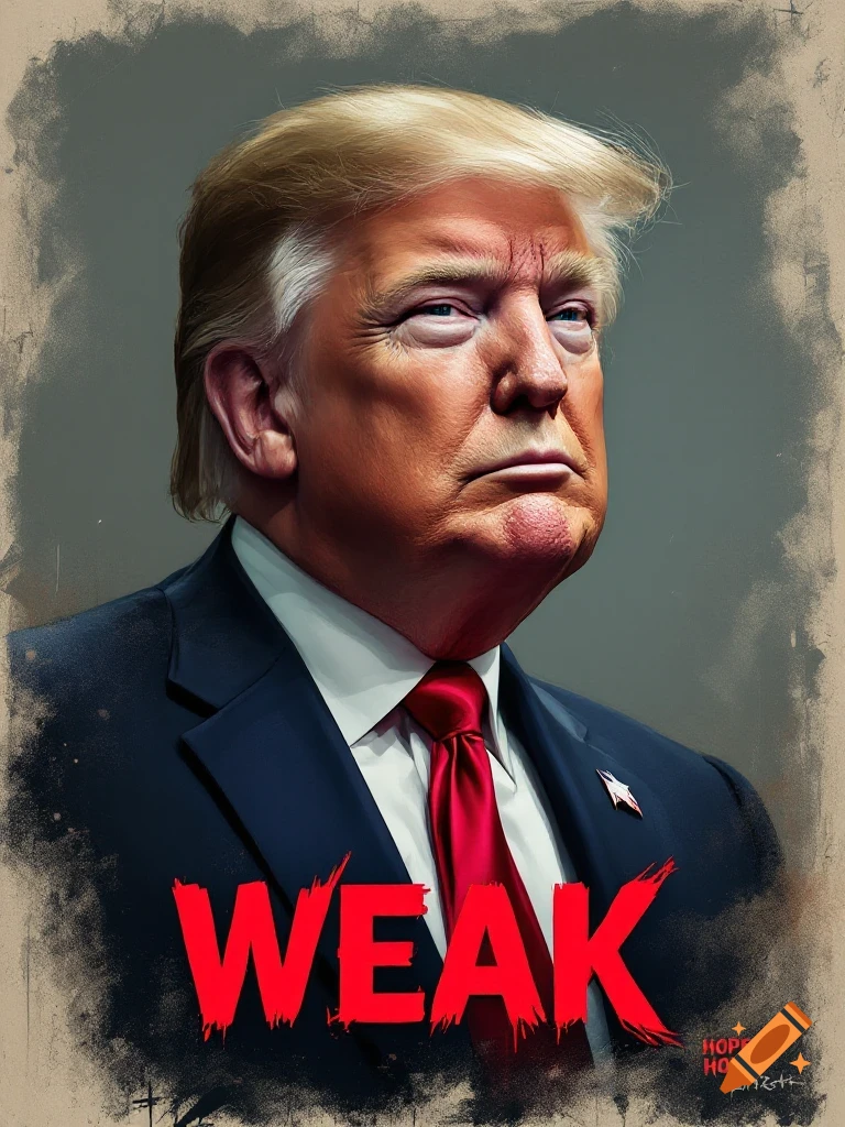 Stylized portrait of Donald Trump with the word WEAK in red text over the image.