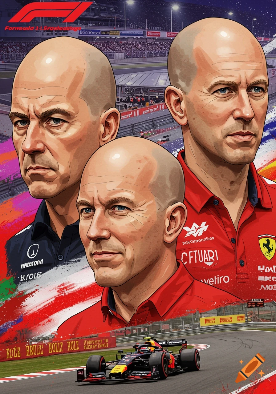 Illustrated portrait of three bald men overlaid on a Formula 1 race track background with a car.