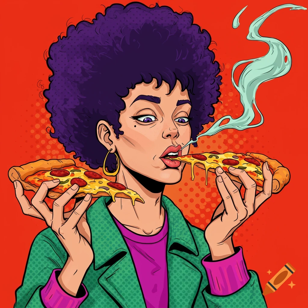 A woman with purple afro hair eats a slice of pizza in pop art style.