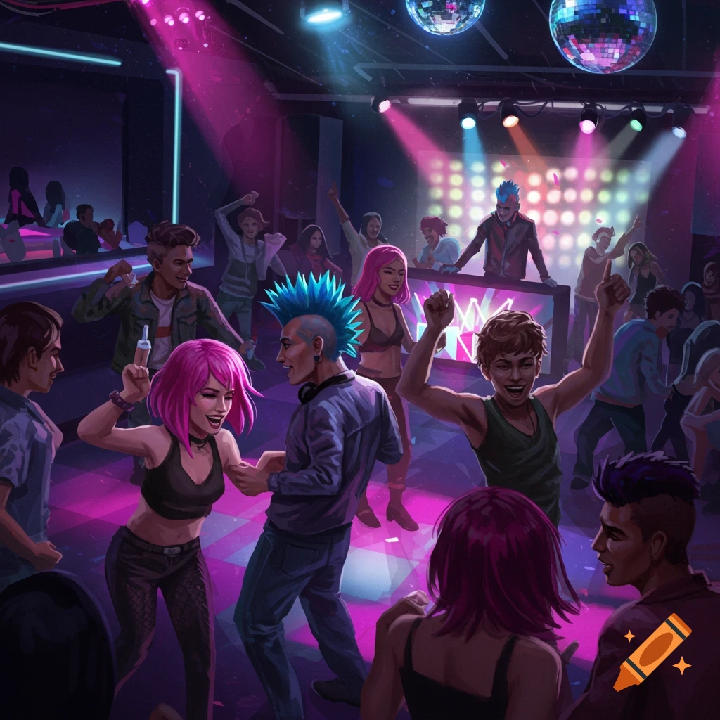 A lively dance party in a club with people dancing under disco lights and neon glow.