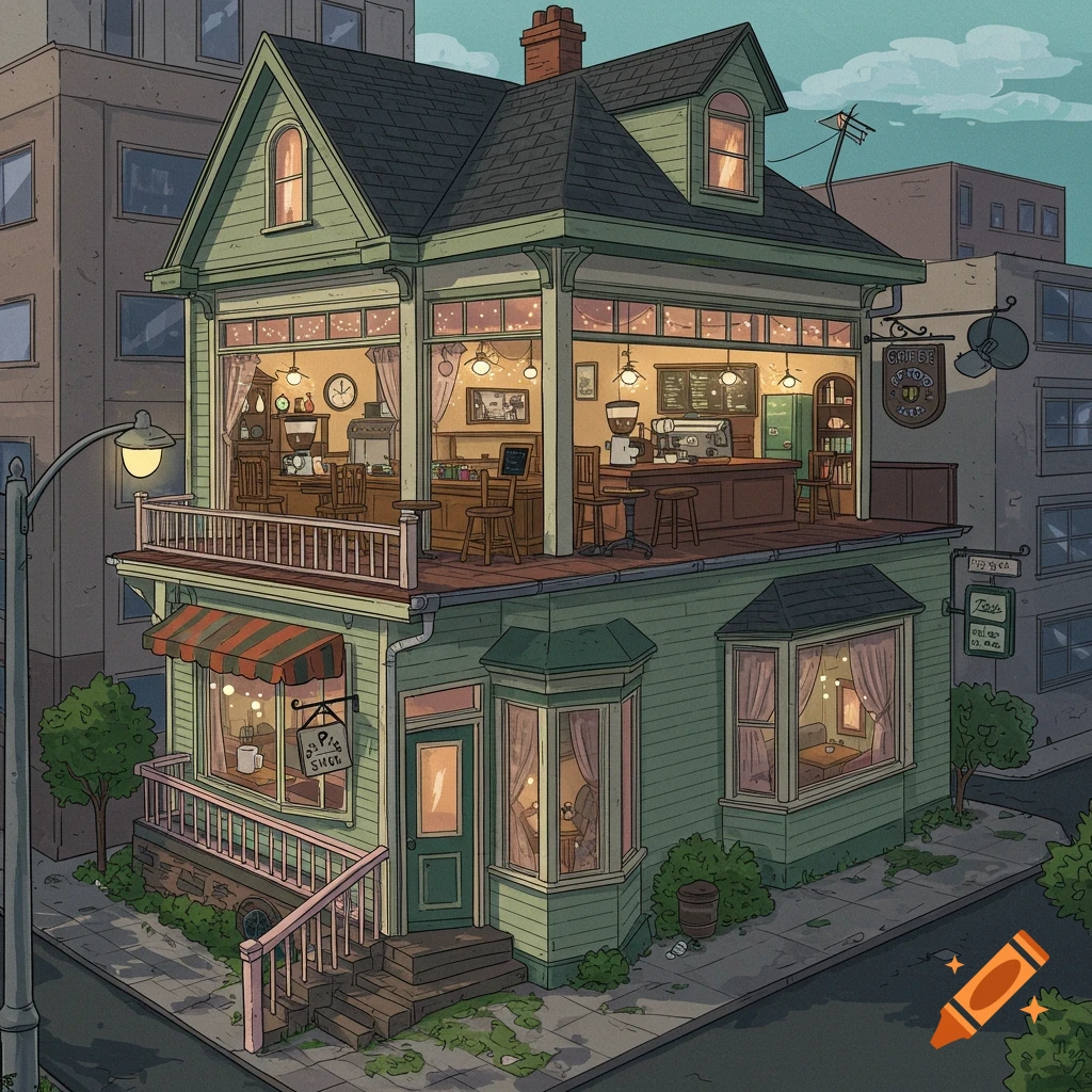 Illustration of a multi-story building with a coffee shop upstairs and a shop downstairs on a street corner.