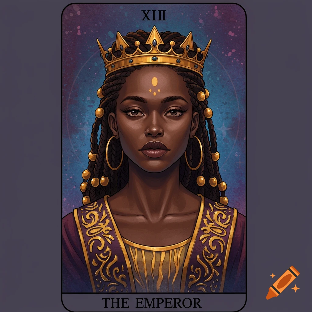 Illustration of a Black woman depicted as The Emperor tarot card, wearing a golden crown and ornate purple robe.