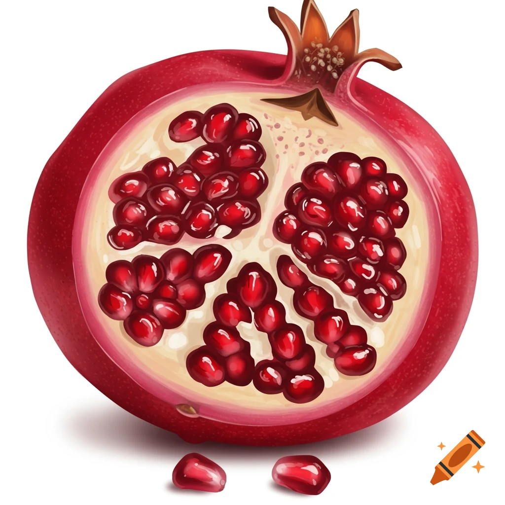 A glossy digital painting of a red pomegranate cut in half, showing the seeds, with two loose seeds beside it.