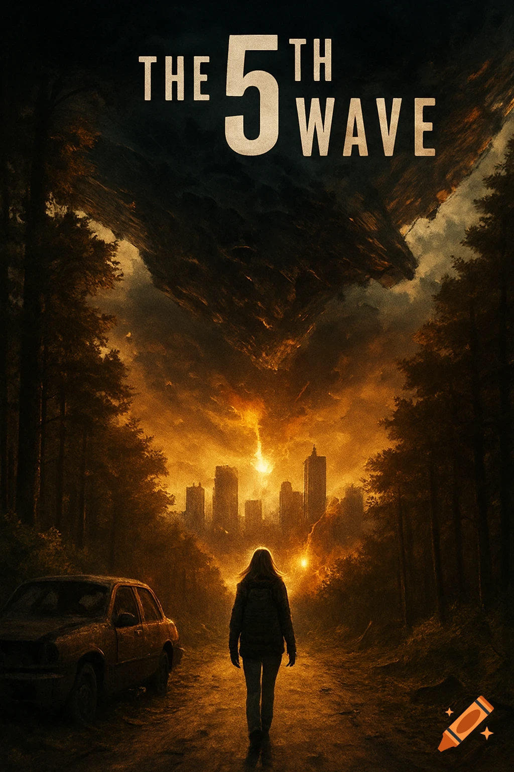 Movie poster for 'THE 5TH WAVE' showing a person walking towards a city under a dark sky with a large alien structure.