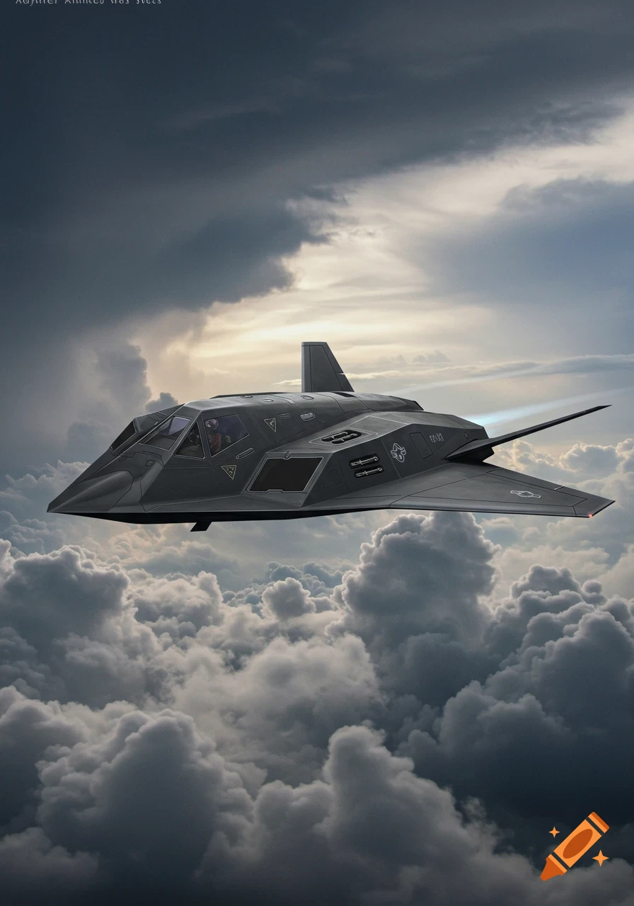 A dark stealth aircraft flies through stormy clouds at sunset