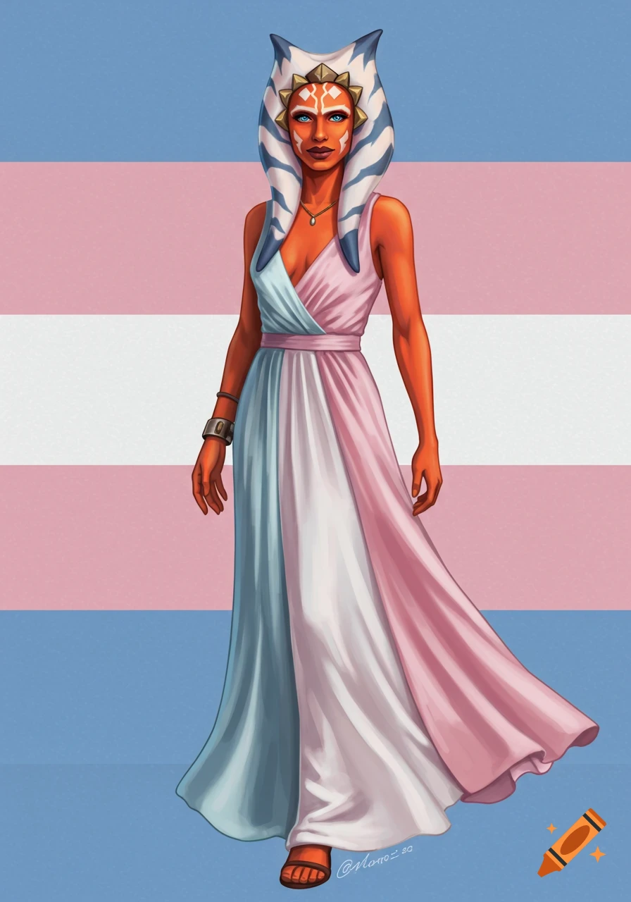 Ahsoka Tano in a pink, white, and blue dress in front of a transgender flag in an illustration style. on Craiyon Ahsoka Tano in a pink, white, and blue dress in front of a transgender flag in an illustration style. on Craiyon