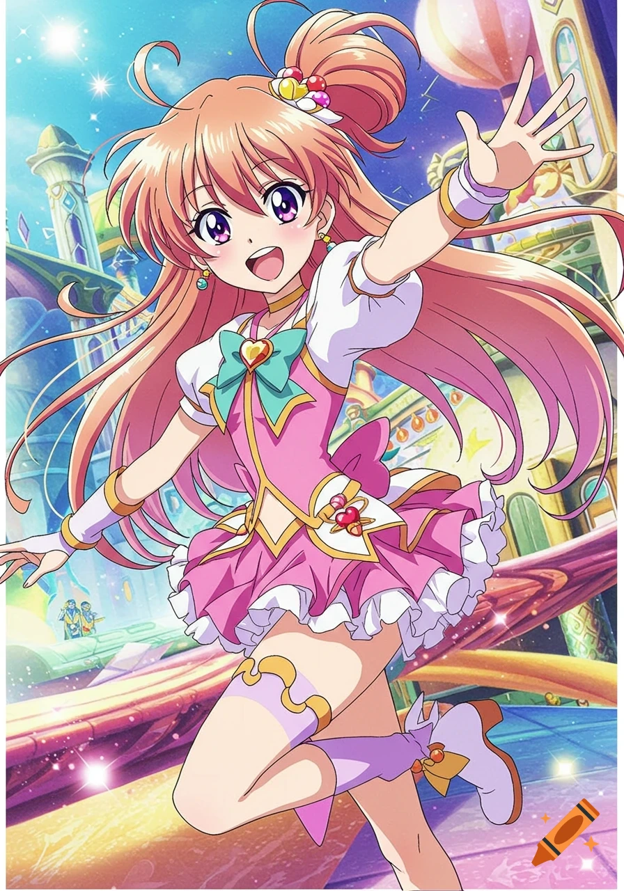 Anime girl in a pink magical girl dress smiling and reaching out, against a bright fantasy background.