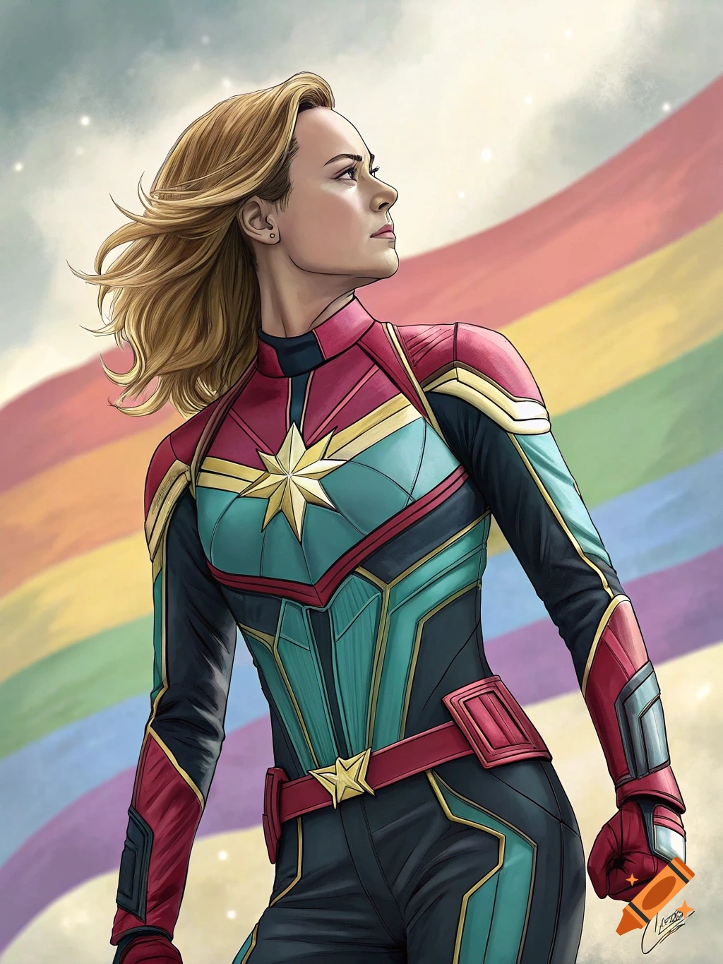 A portrait of Captain Marvel in a suit with lesbian flag colors against a rainbow background.