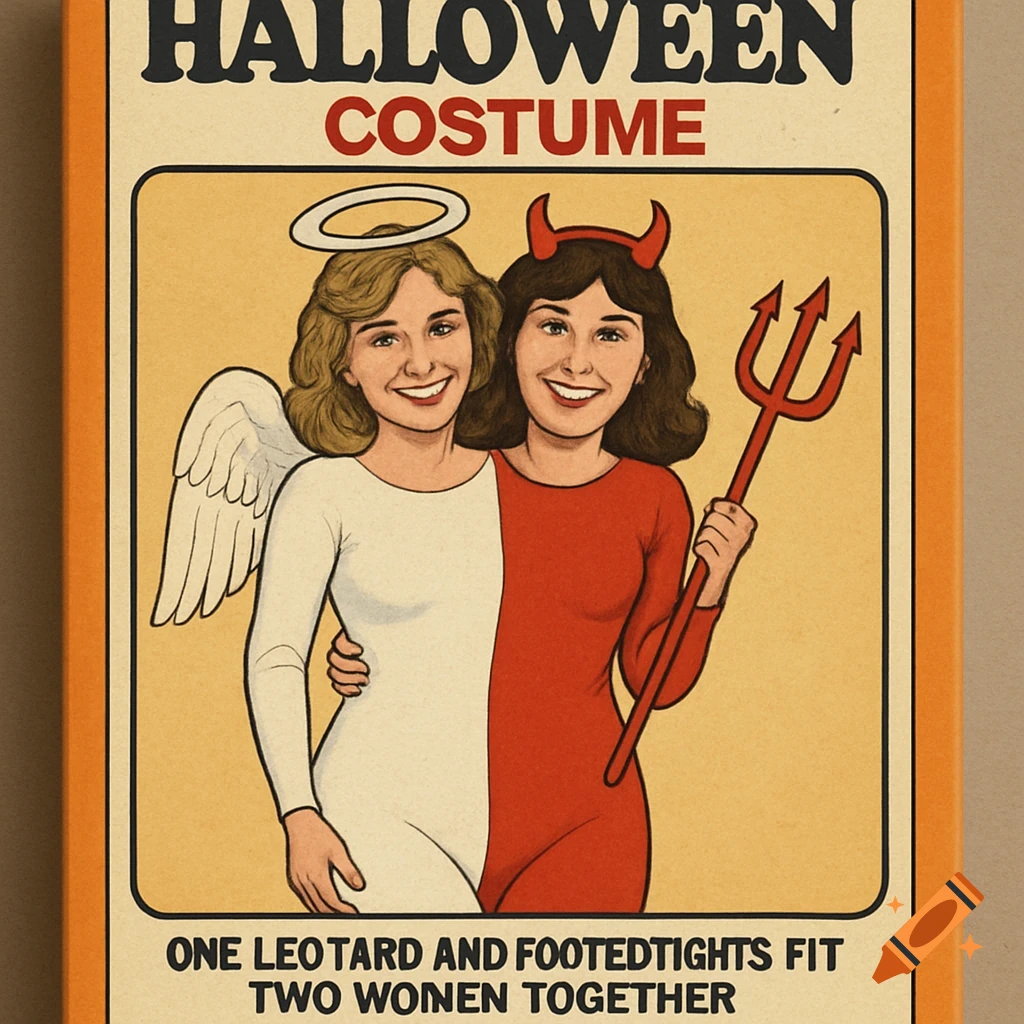 Vintage Halloween costume packaging illustration of two women in a combined angel and devil costume.