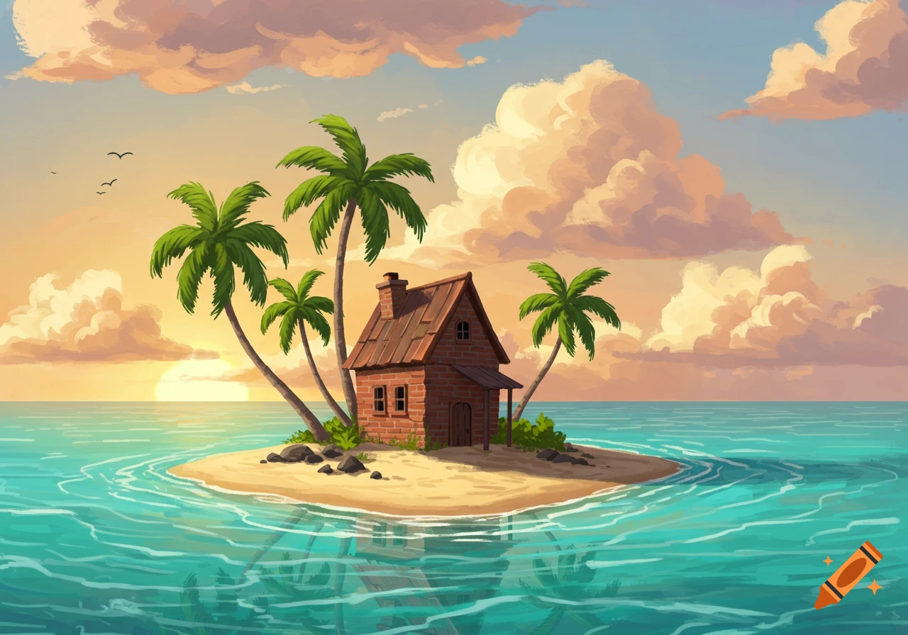 Illustration of a small brick house on a tropical island with palm trees at sunset