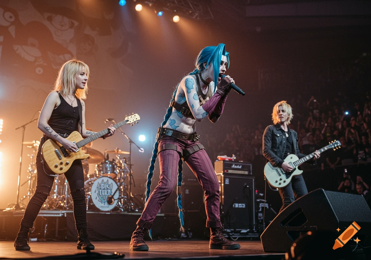 Jinx cosplayer sings on stage with two guitarists playing instruments.