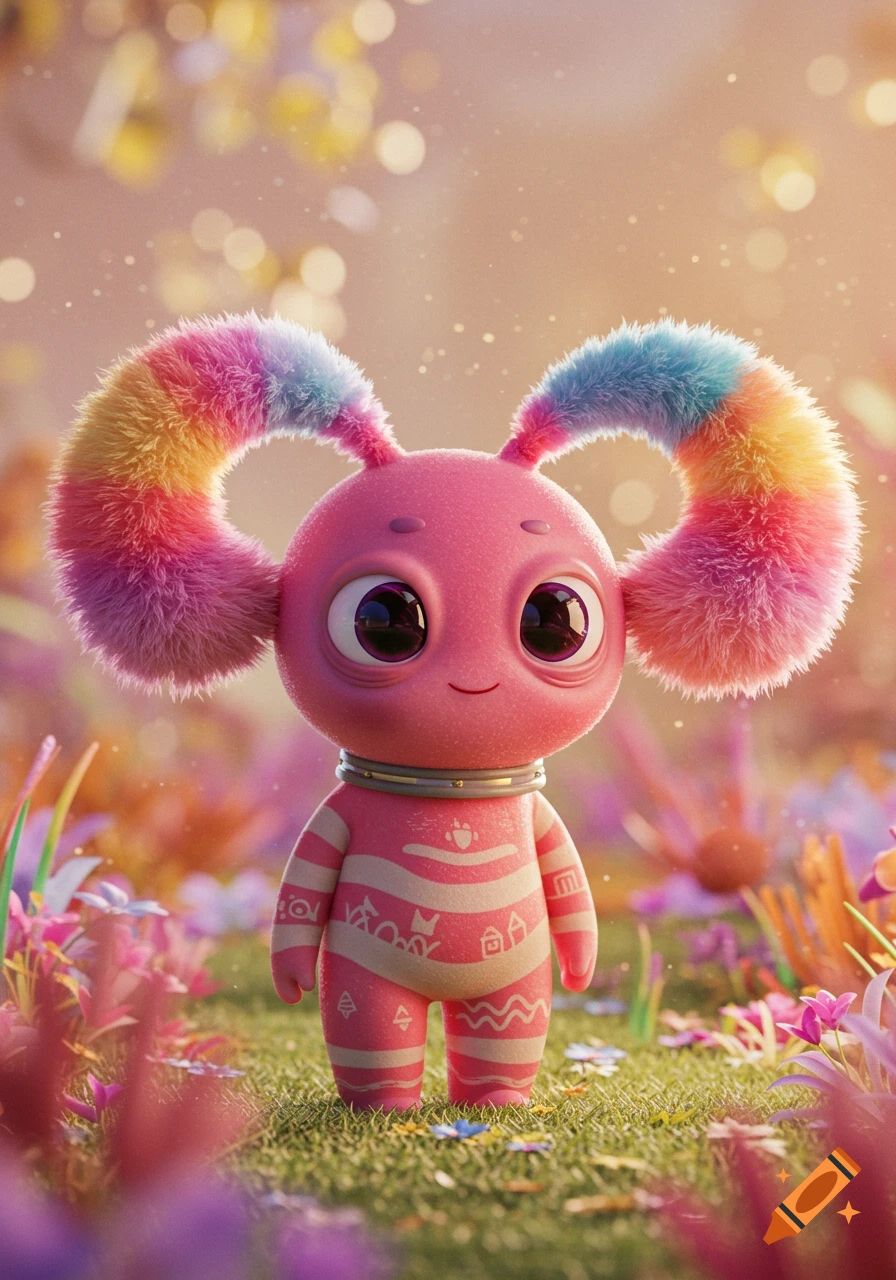 A cute pink alien creature with large eyes and rainbow fluffy ears stands in a field of colorful flowers.