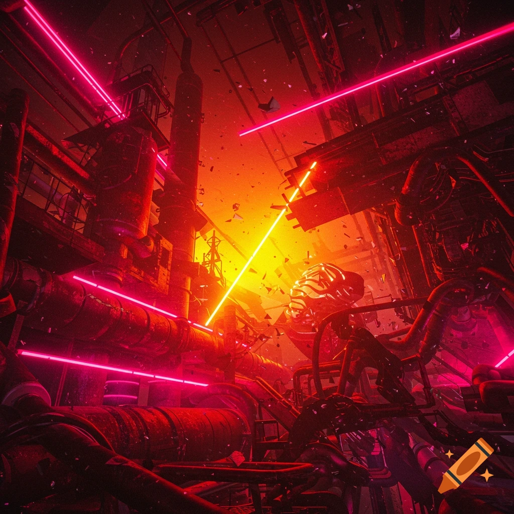 Dark grunge industrial scene with pink and yellow lights, debris, and a distorted figure, surreal style.