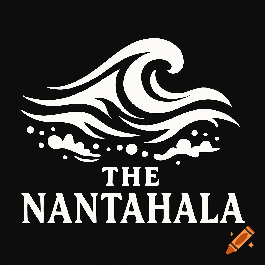 A white graphic logo of a stylized wave above the text 'THE NANTAHALA' on a black background.