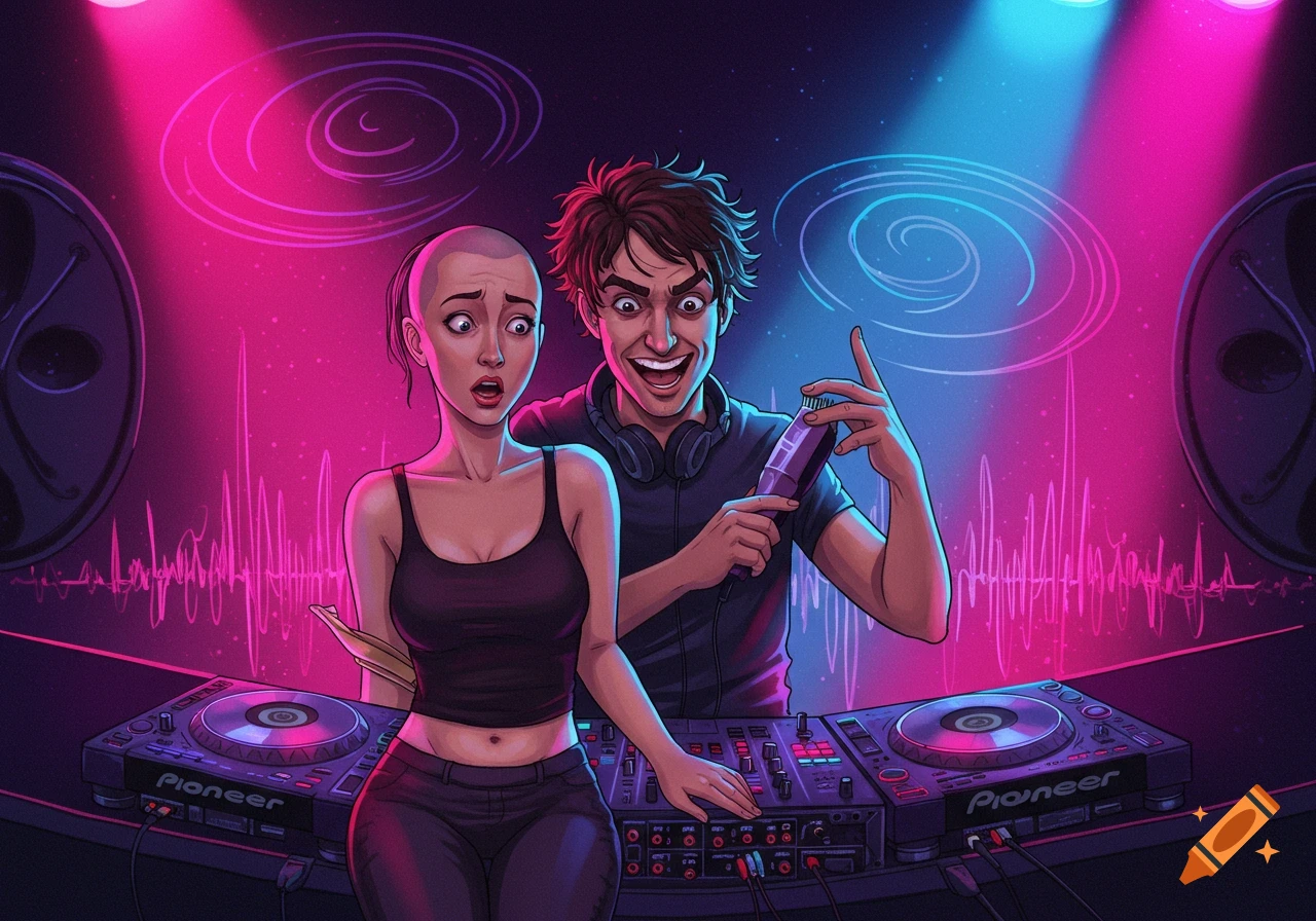 Stylized illustration of a shocked woman with a shaved head next to a grinning DJ holding clippers at a mixing desk during a party.