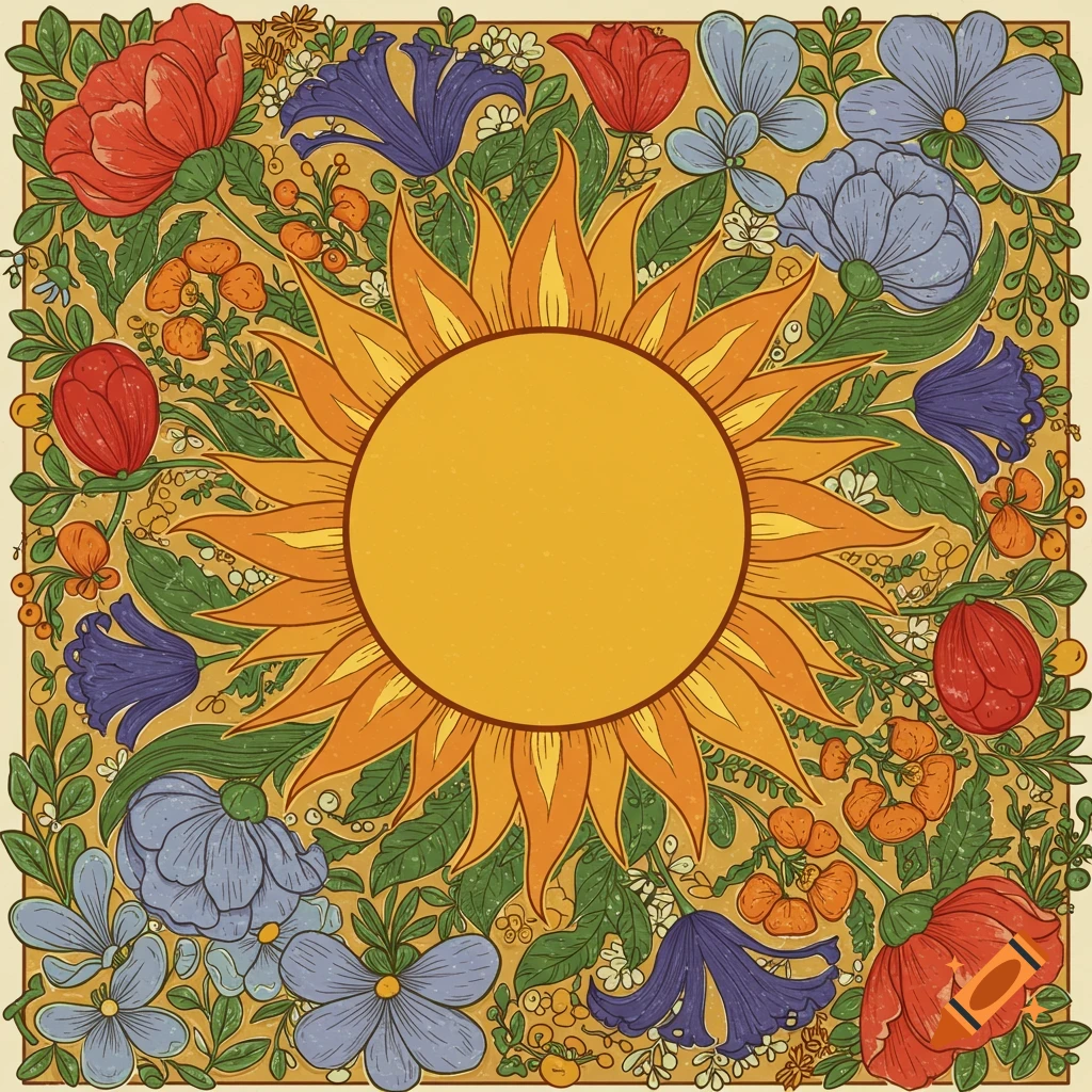 A colorful illustration of a sun surrounded by a border of flowers and leaves in a botanical art style.