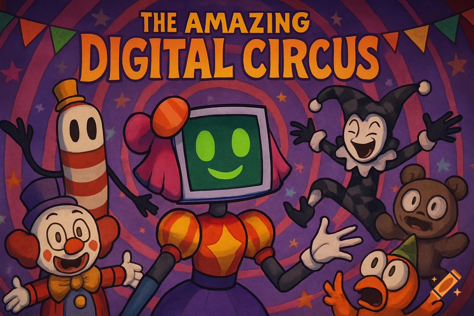 Cartoon characters including a clown, jester, and monitor-headed figure under a banner reading 'THE AMAZING DIGITAL CIRCUS'.