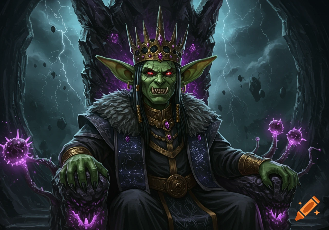 Fantasy illustration of a green goblin king on a thorny throne with purple spikes, lightning behind him.