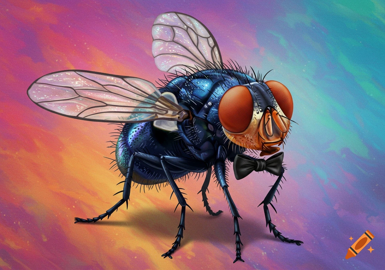 A stylized illustration of a fly wearing a black bowtie.