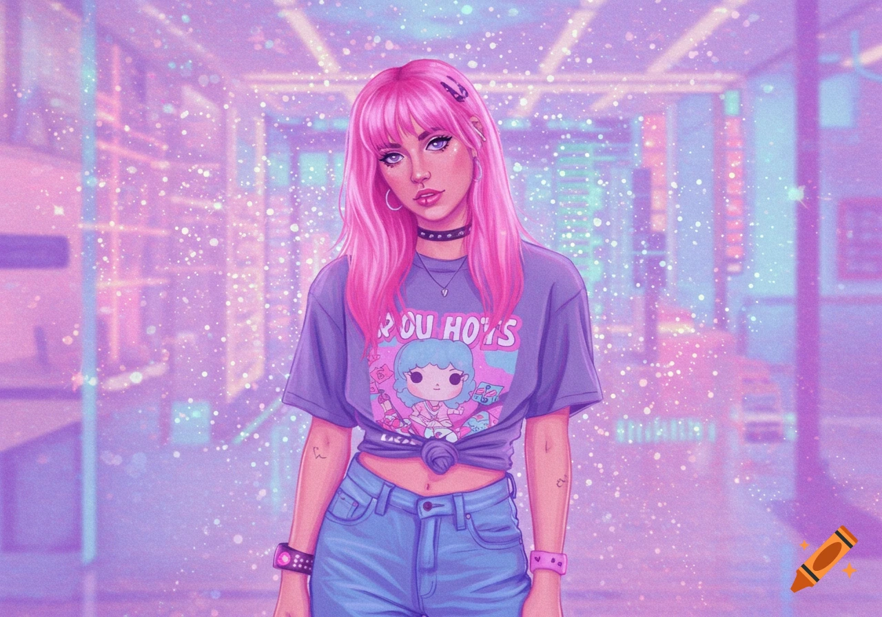 A woman with pink hair wearing a graphic t-shirt and jeans stands in a sparkling, neon-lit urban setting. Digital art style.