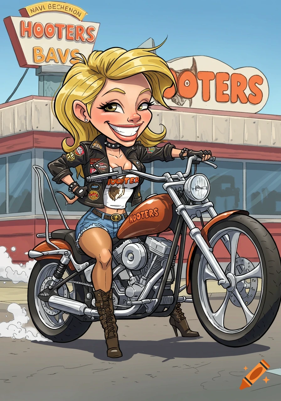 Cartoon woman in biker jacket and shorts on motorcycle in front of Hooters restaurant