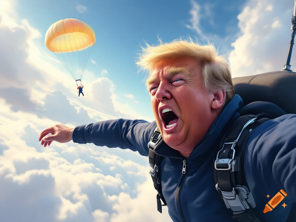 Exaggerated image of Donald Trump skydiving with mouth open, reaching out. Another parachutist is in the distance.