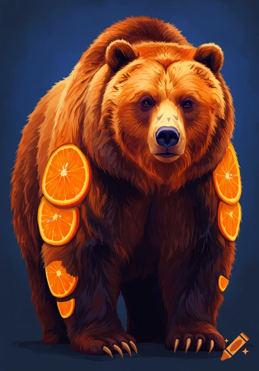 A brown bear standing with orange slices attached to its fur.