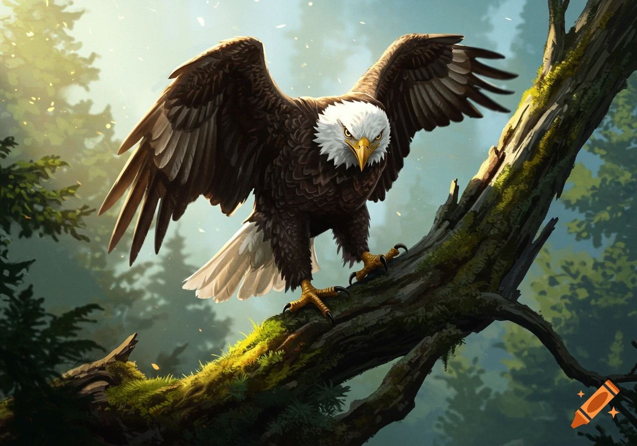 A majestic bald eagle with wings spread perches on a mossy tree branch ...