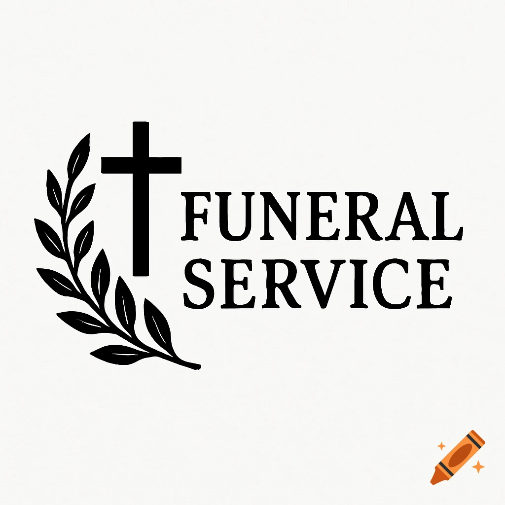Black and white funeral service logo with a cross and a laurel wreath.