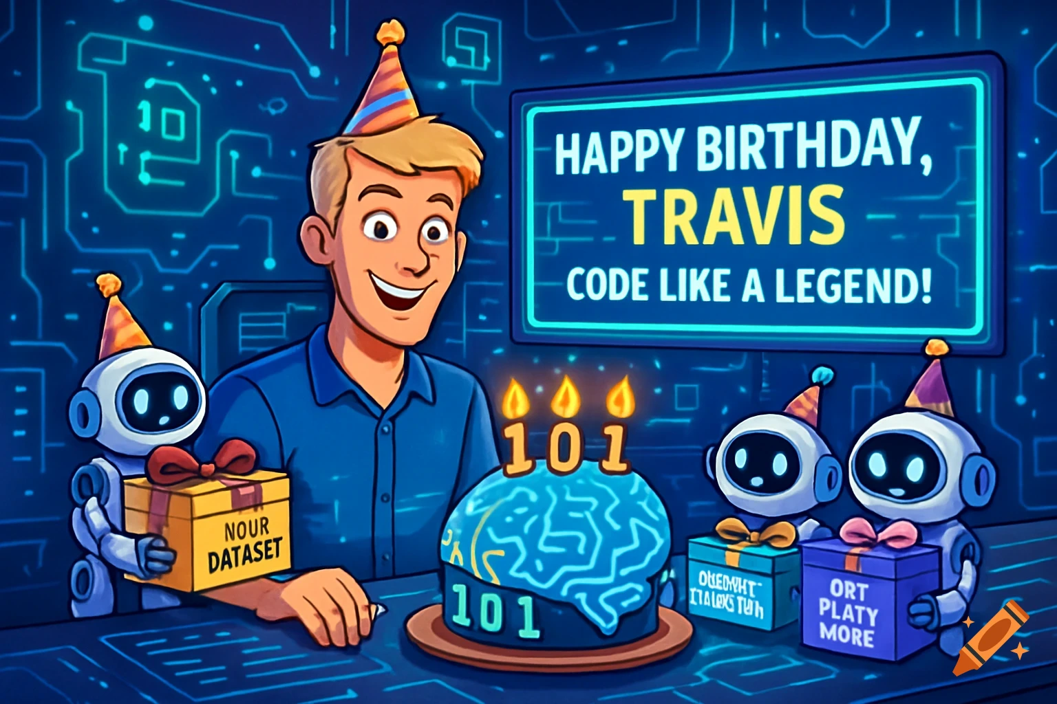 Cartoon birthday scene with a programmer, robots, brain cake, and digital banner.
