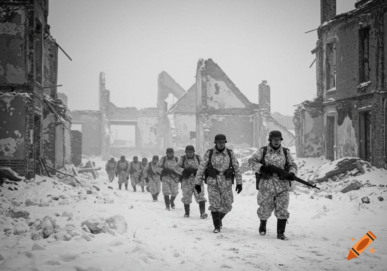 Black and white photo of soldiers in winter uniforms marching through snowy ruins.