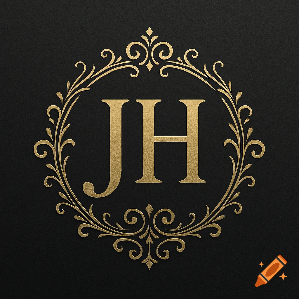 Golden JH monogram in an ornate frame on a black background