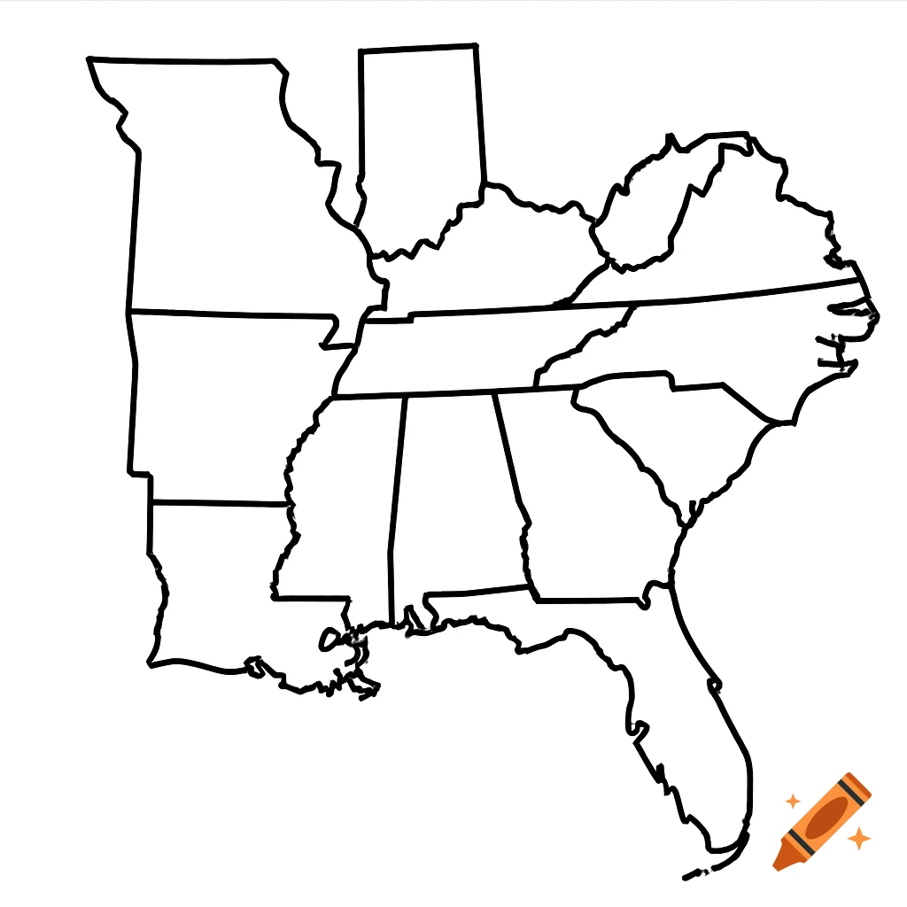 Black and white outline map of US states including Missouri, Illinois,  Kentucky, Tennessee, Georgia, Florida, South Carolina, and North Carolina.  on Craiyon, image size:1024x1024