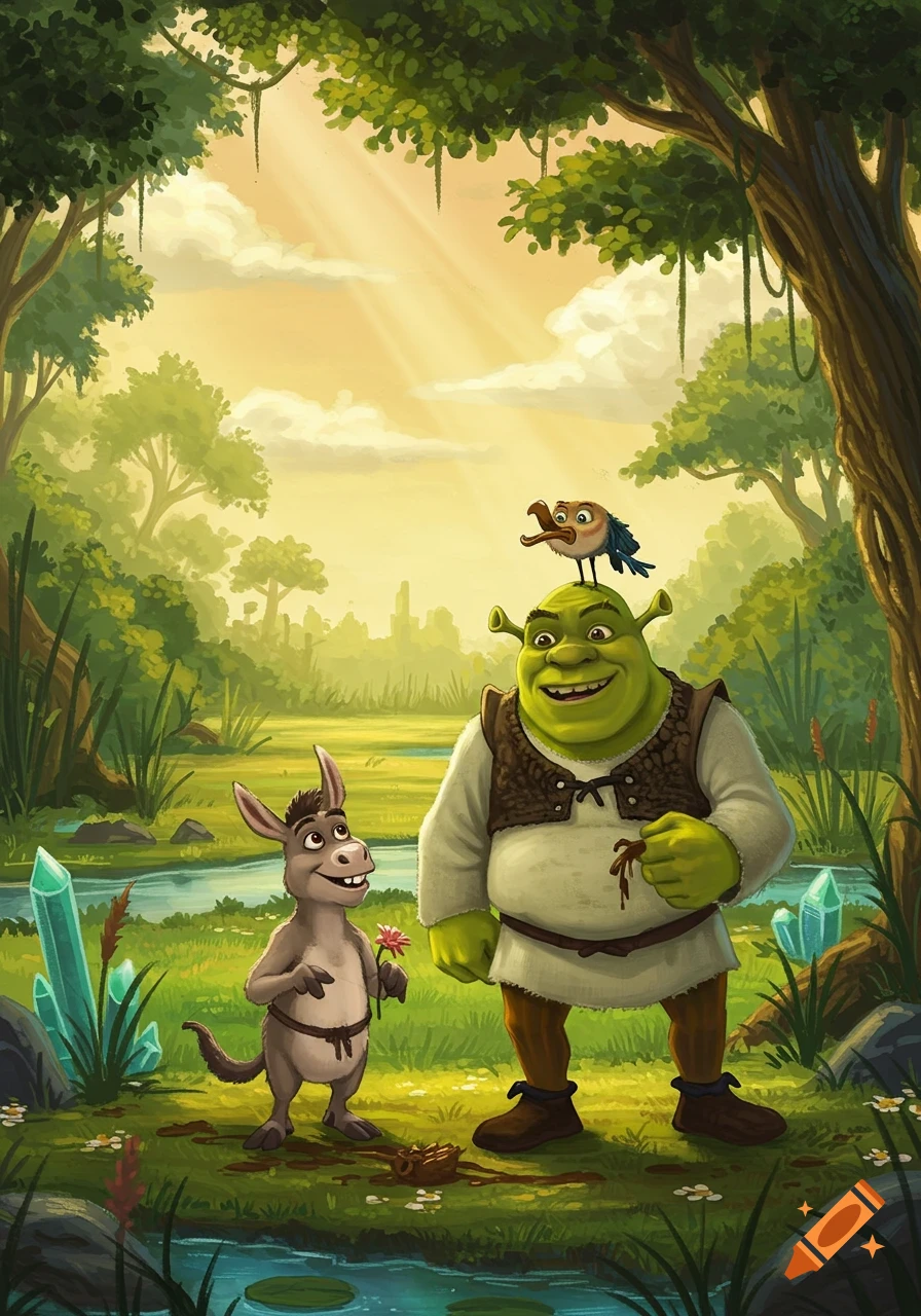 Shrek, Donkey, and a bird stand by a stream in a sunny forest clearing illustration