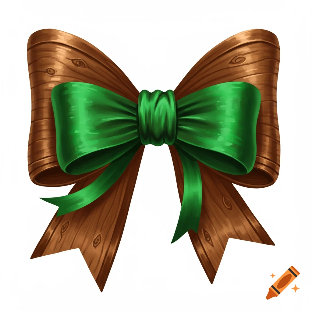 A brown wooden bow tied with a green ribbon.