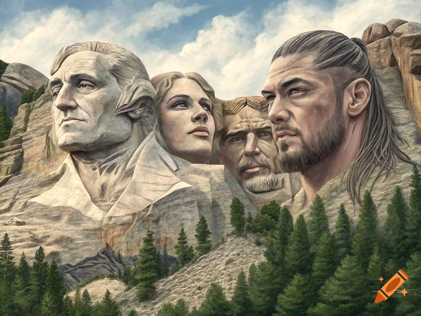 Faces carved into a mountain resembling Mount Rushmore.