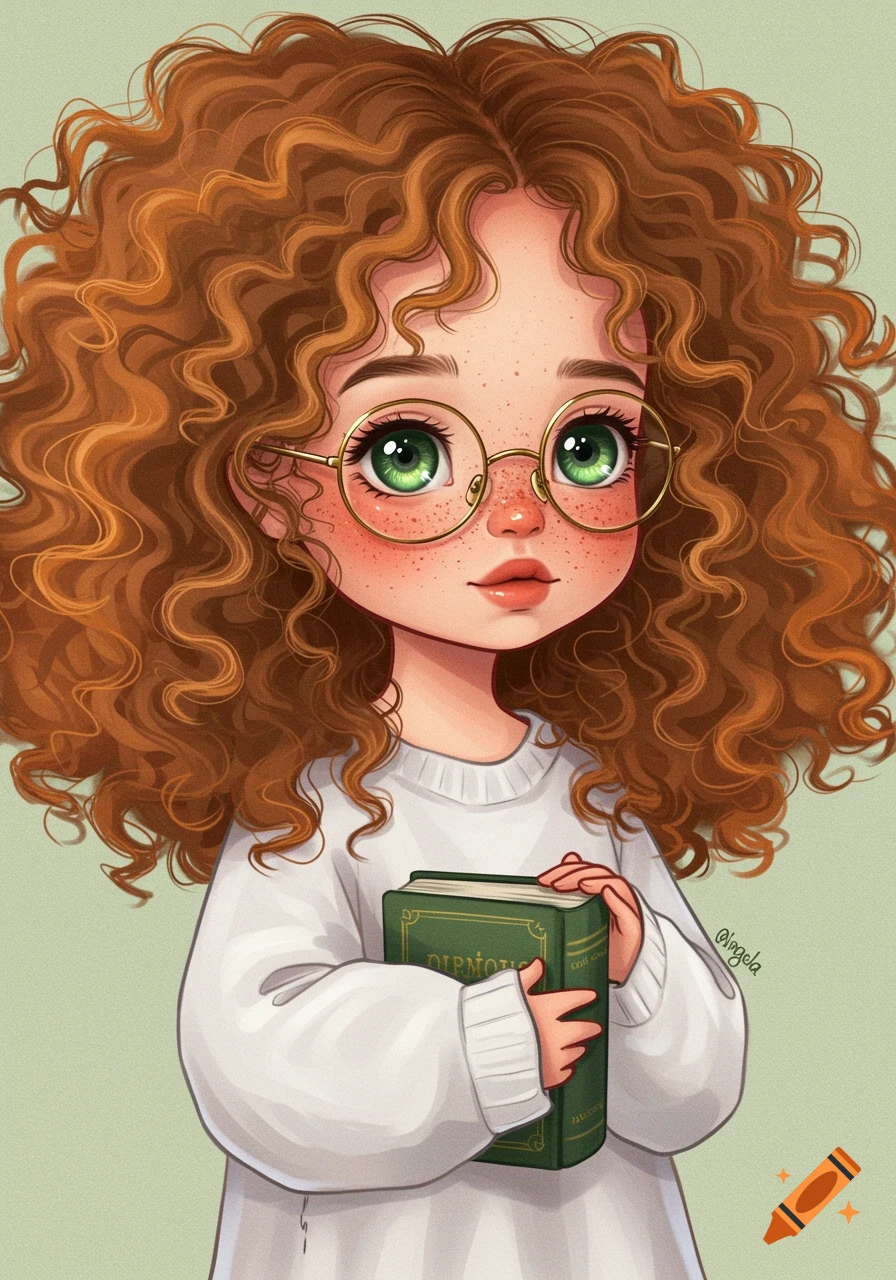 A cartoon portrait of a girl with curly red hair, glasses, and freckles holding a green book in anime style.