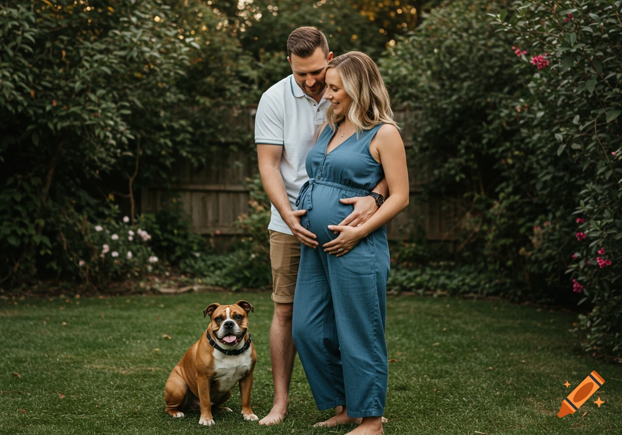 Pregnant woman and husband with their bulldog in a garden