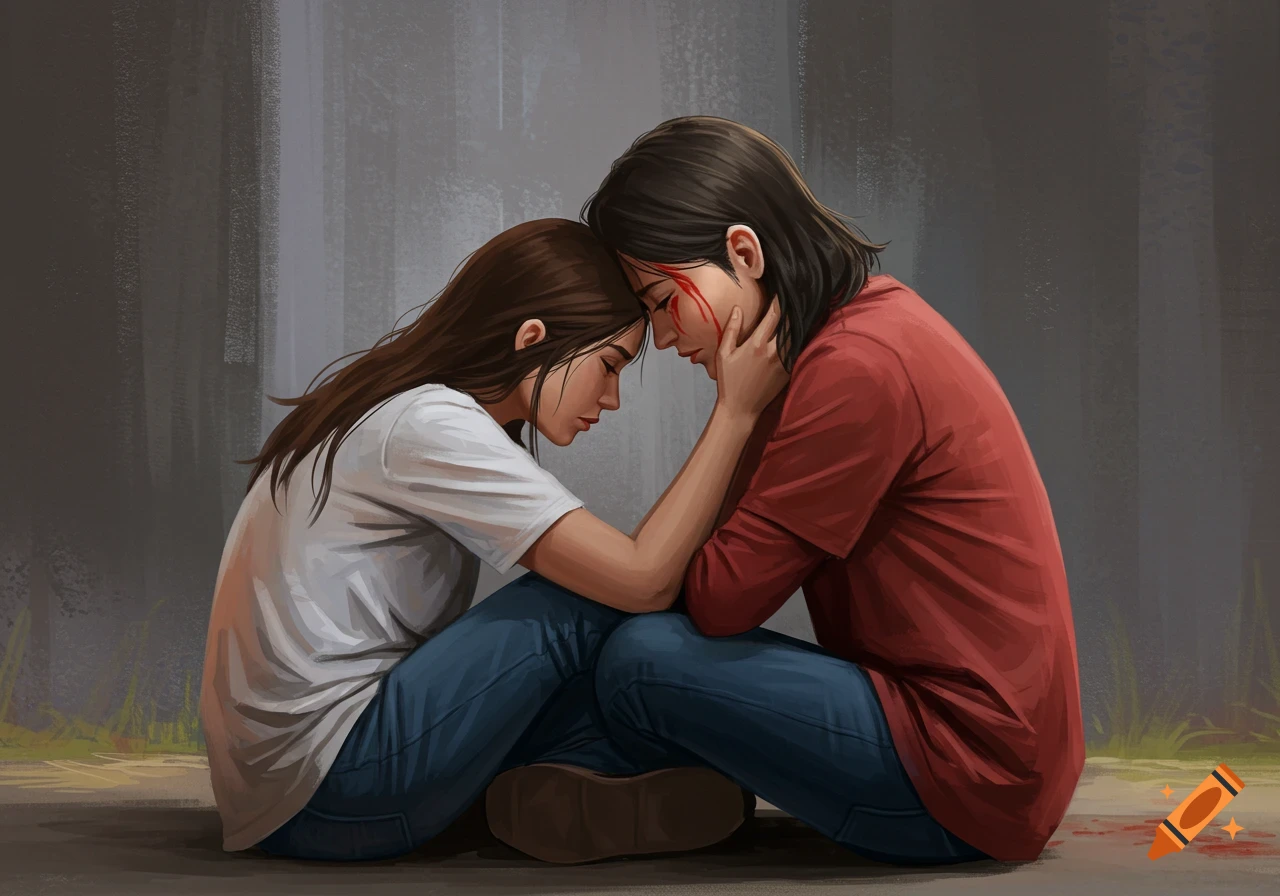 Two figures embrace, one with blood on their face, in a painted illustration.