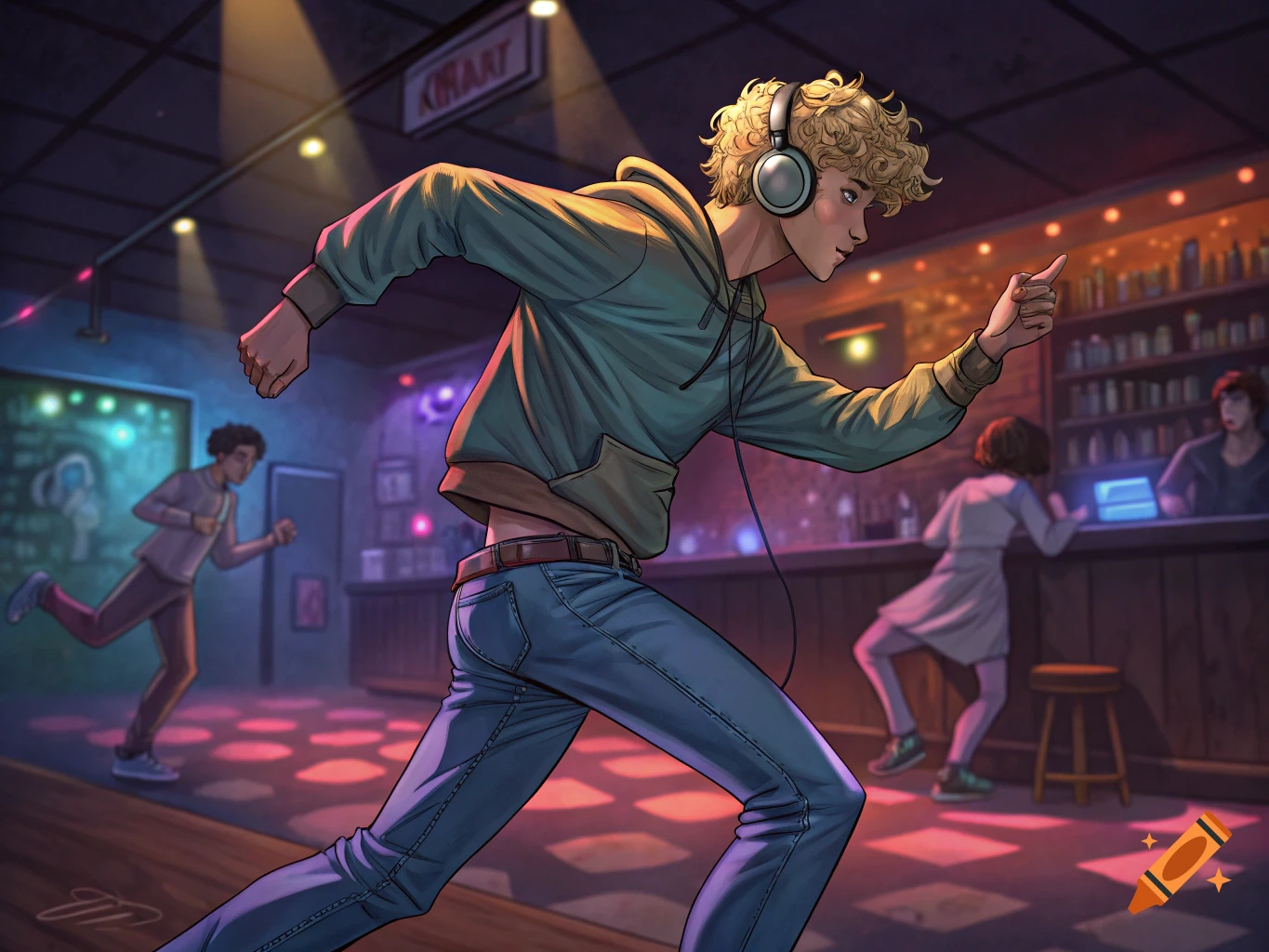 Young man with headphones runs on a crowded bar dance floor, illustration style