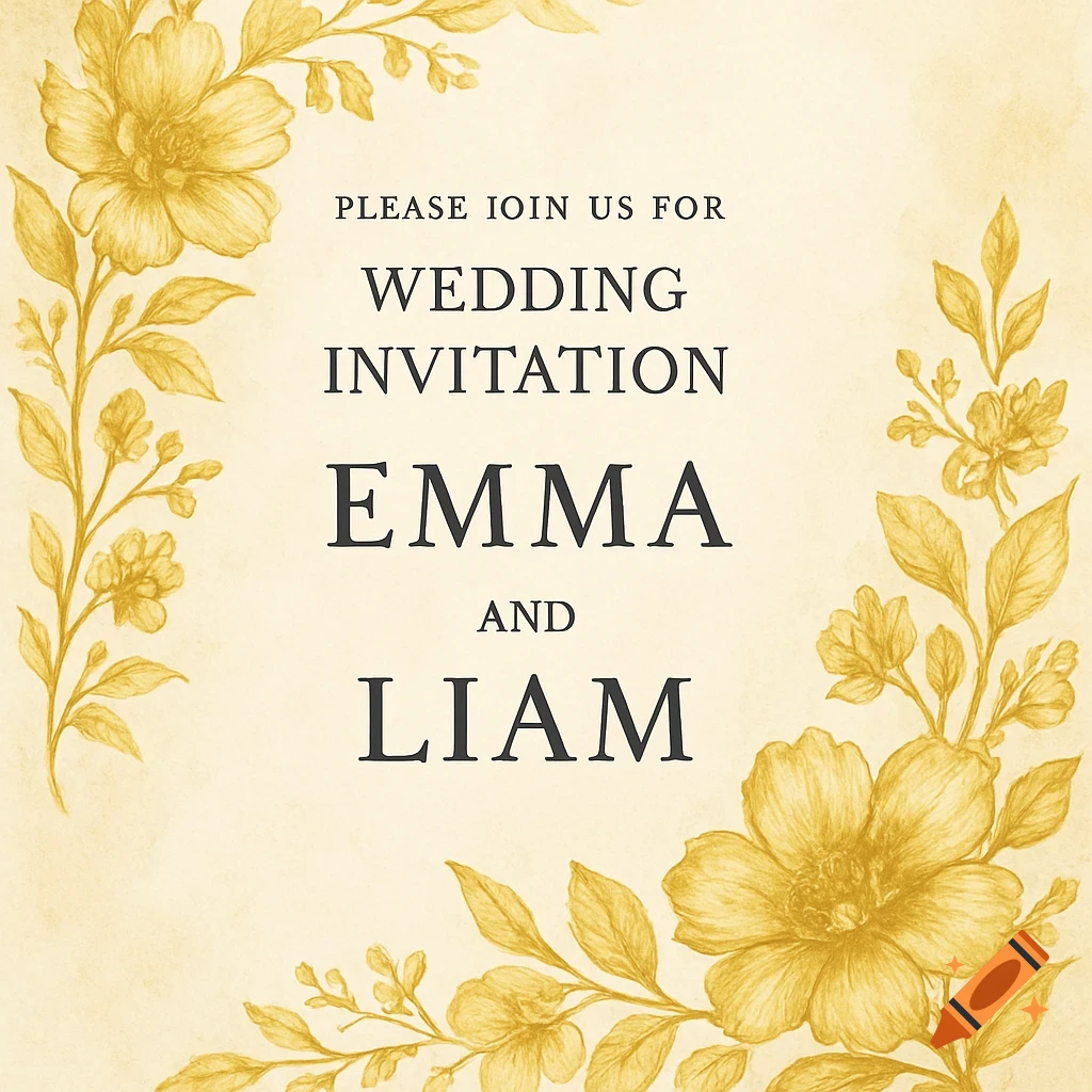 Wedding invitation with gold watercolor floral border and text