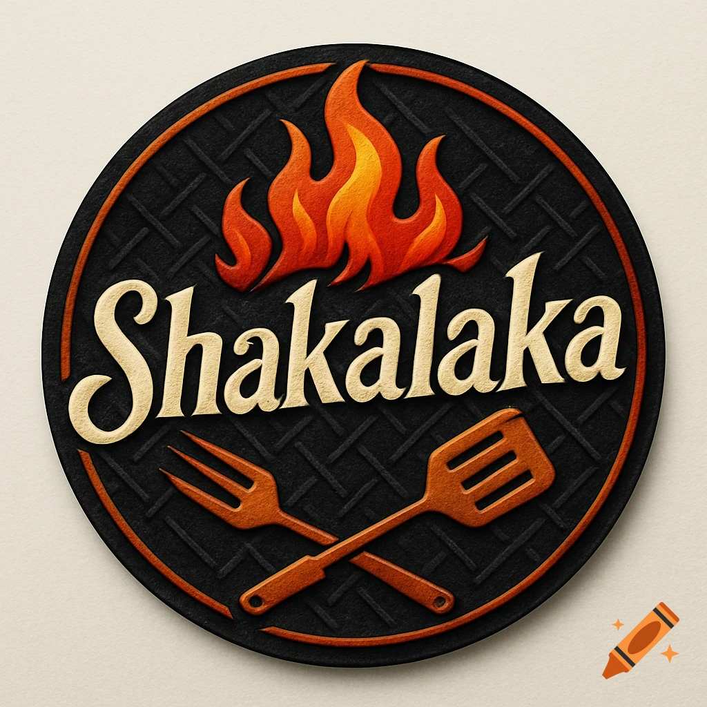 Round logo with 'Shakalaka' text, fire, and crossed fork and spatula on a grill pattern background.
