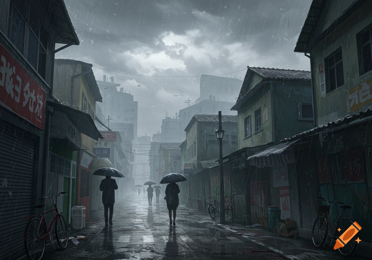 Illustrative street scene in the rain with people holding umbrellas and bicycles parked.
