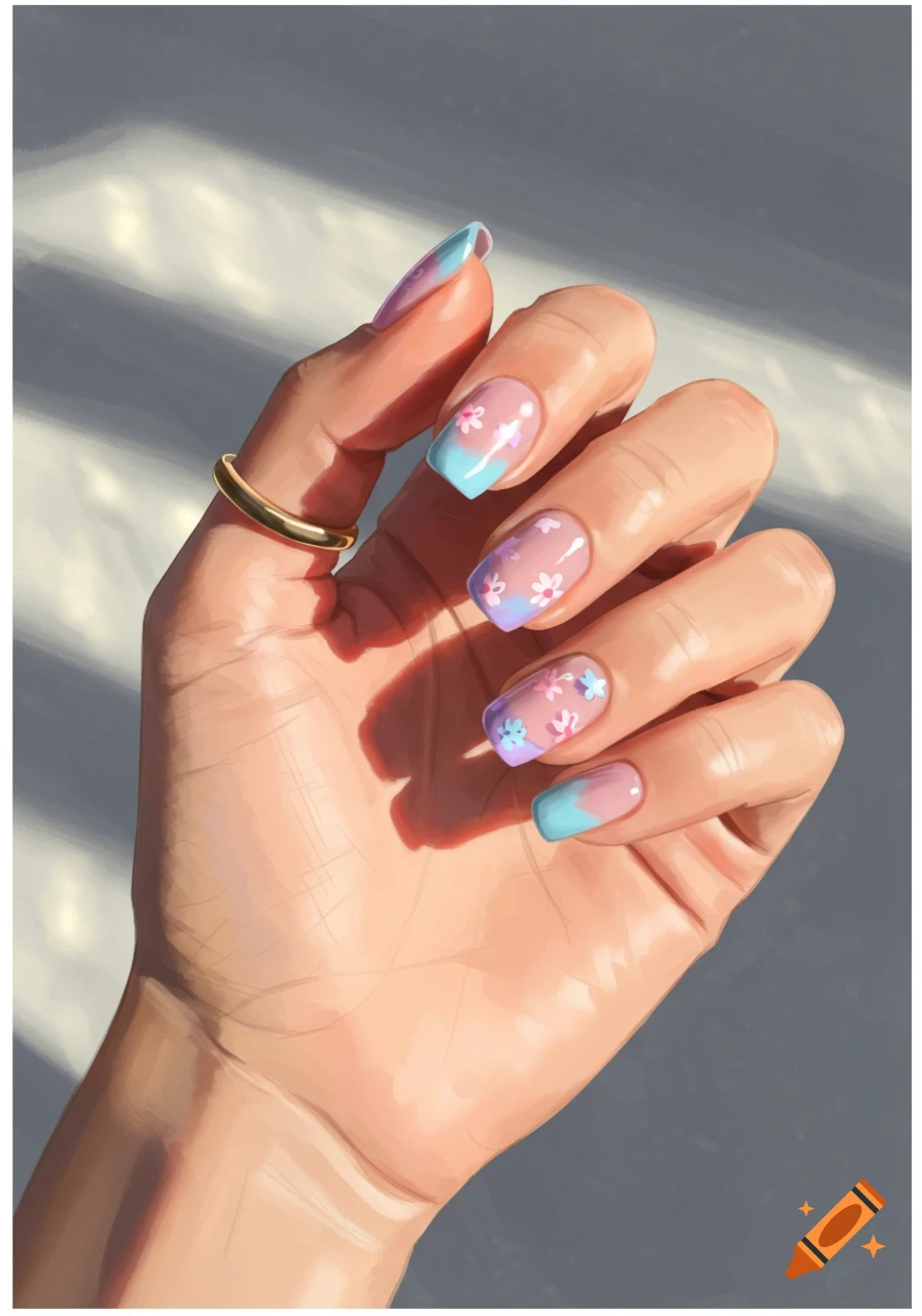 Hand with square nails painted with pink flowers, blue tips, and purple gradient, wearing a gold ring, in striped light.