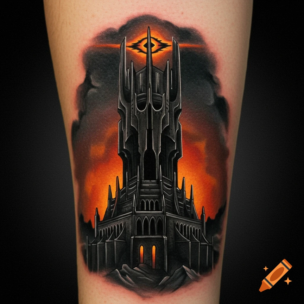 A detailed tattoo on skin of the black fortress Barad-Dur with the glowing Eye of Sauron at the top, against a fiery orange and black sky.