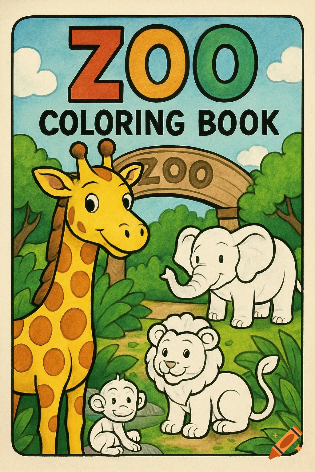 A zoo coloring book cover illustration featuring a giraffe, elephant, monkey, and lion standing in front of the zoo entrance.