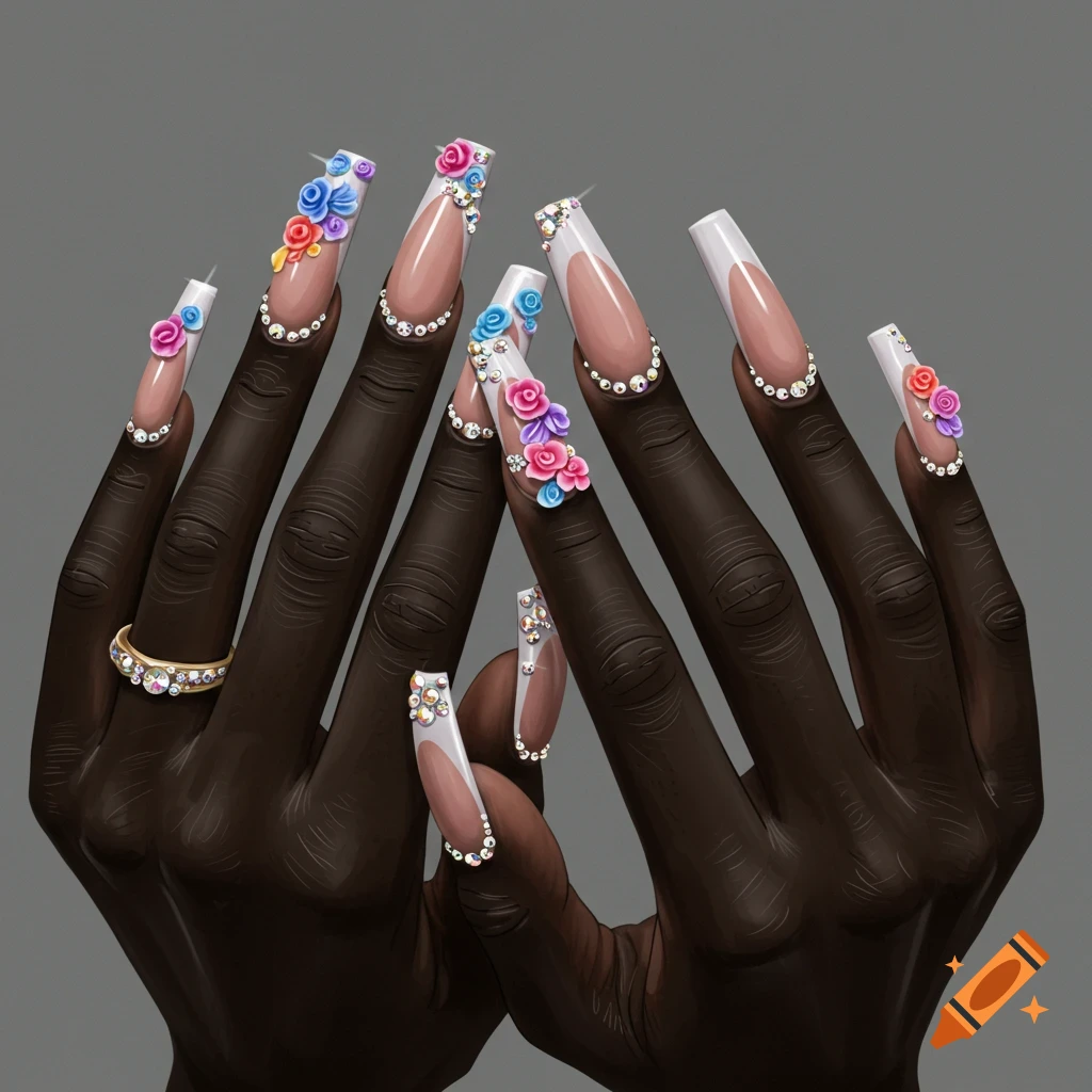 Hands with long tapered square acrylic nails featuring French tips, 3D flowers, and crystals, wearing a ring.