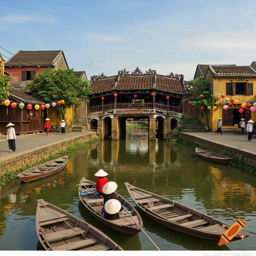 Boats on a river in Hoi An, Vietnam, with the Japanese Covered Bridge and historic buildings.