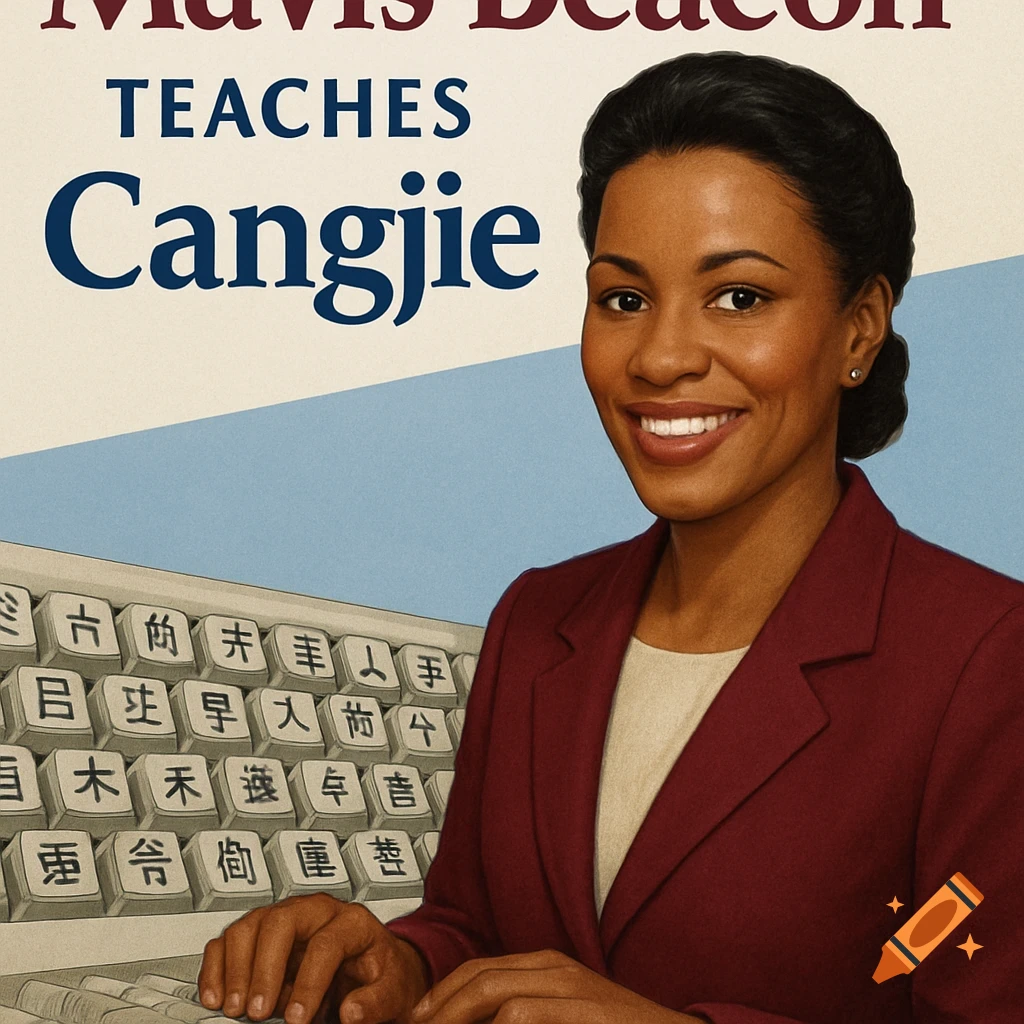 Woman in a suit smiles while typing on a keyboard with Chinese characters, with text reading 'Mavis Beacon Teaches Cangjie' above.