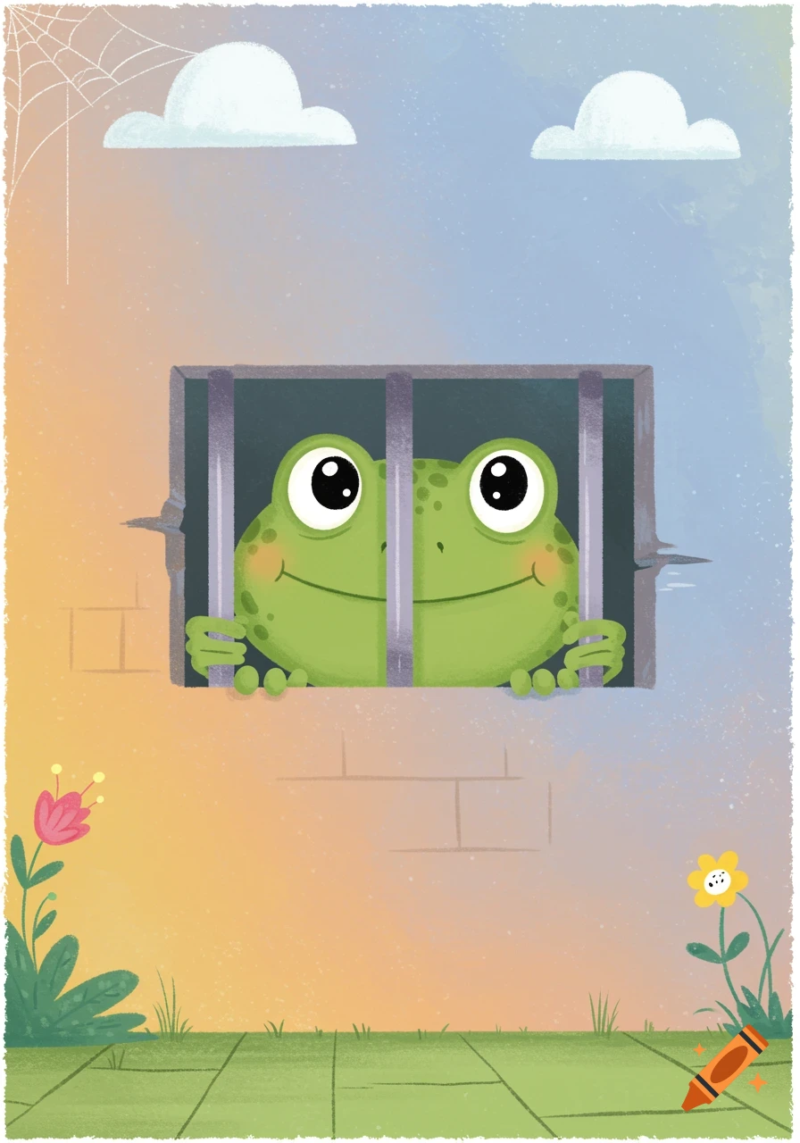 A cartoon frog peeking through jail bars in a children's book illustration style.